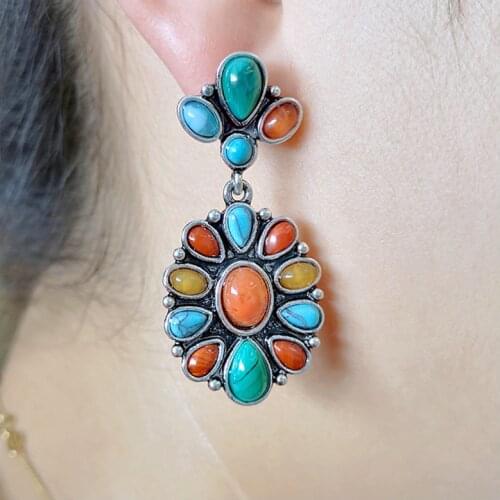 Fashion Vintage Tibetan Turquoises Earring Natural Colored Stone Tiger Stones Dangle Earrings for Women Boho Jewelry 2019