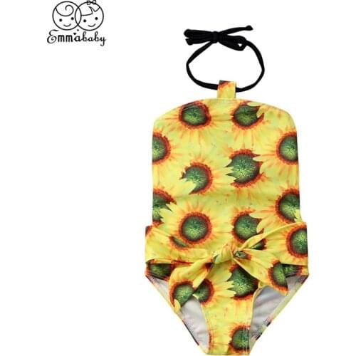 Fashion Toddler Summer Kids Baby Girls Swimming Sunflowers Printed Sleeveless Halter Bikini Swimsuit Bathing Suit Beach Swimwear