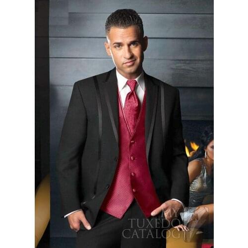 Custom Made Best Selling Black Groom Mens Tuxedo,Bespoke Black Tuxedo With Red Vest,Tailored 2 Button Peak Lapel Mens Suits