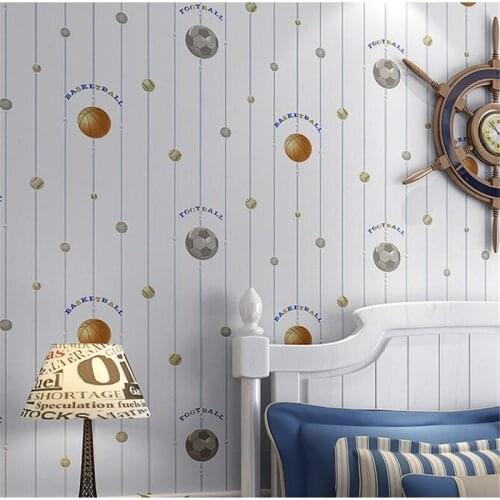 Wellyu New children room wallpaper cartoon non-woven striped wallpaper basketball football boy bedroom TV background wall paper