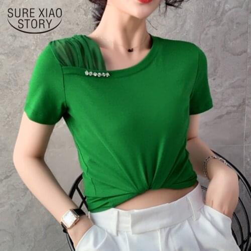 2020 Spring New Fashion T-shirt Women Short Sleeve Off-Shoulder Mesh Stitching Slim Bottoming Shirt Summer Tops and T-shirt 9896
