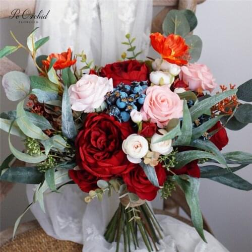 PEORCHID Pink&Red Big Wedding Bouquet Peony Rose Blue Berry Artificial Ramos Novia Real Touch flowers Bridal Decoration