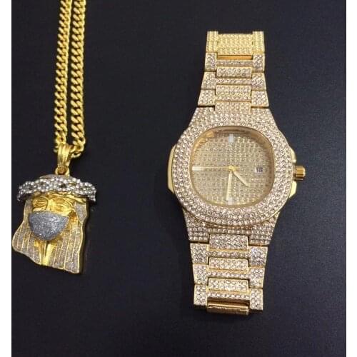 Luxury Gold hip hop jewelry stylish Gold Color Watch & Necklace Combo Set Ice Out Cuban Pendant Cuban Chain Hip Hop For Men