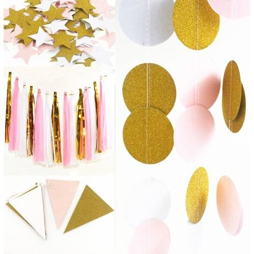 Pink White Gold Theme party Supplies Glitter Circle Star Heart Tassel Paper Flags Garland Banner Home Party Wedding Decoration