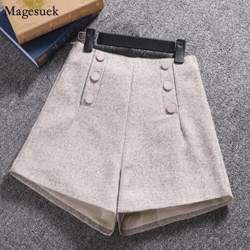 Short Mujer Korean Wool High Waist Shorts For Women Ladies Solid Wide Leg Short Femme Zipper Pocket Button Winter Shorts 7435 50