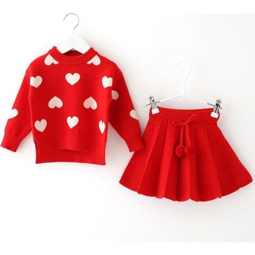 Girls sweater knitted two piece suit 2021 autumn winter new Lapel embroidered long sleeve knitted suit skirt baby suit