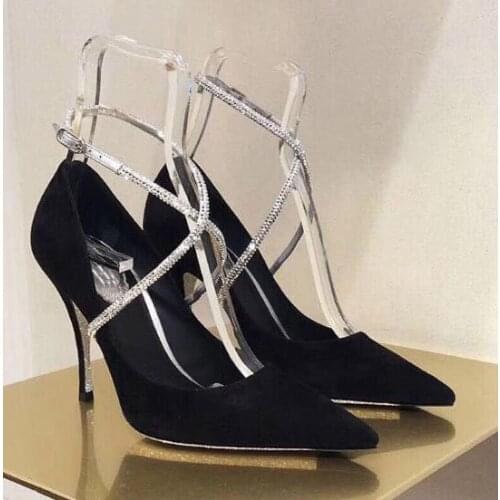 Moraima Snc Newest Pointed Toe High Heel Shoes Crystal Embellished Cross-tied Woman Pumps Sexy Party Wedding Heels Black