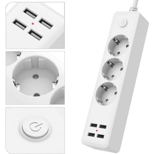 EU plug 4USB+3 Plug Extension Socket Extension Cord 1.8M Power Strip Protector Overload Protection Switched