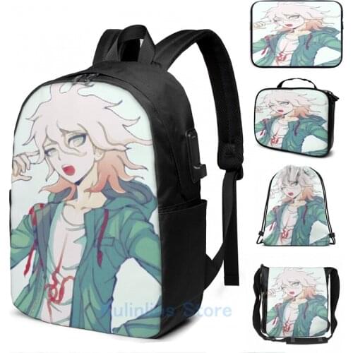 Funny Graphic print Nagito USB Charge Backpack men School bags Women bag Travel laptop bag