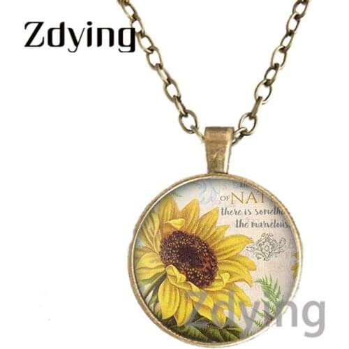 Zdying Retro Sunflower Necklace Flowers Glass Cabochon Birds Bike Photo Women Chain Statement Necklace Jewelry Bijoux ZZ100