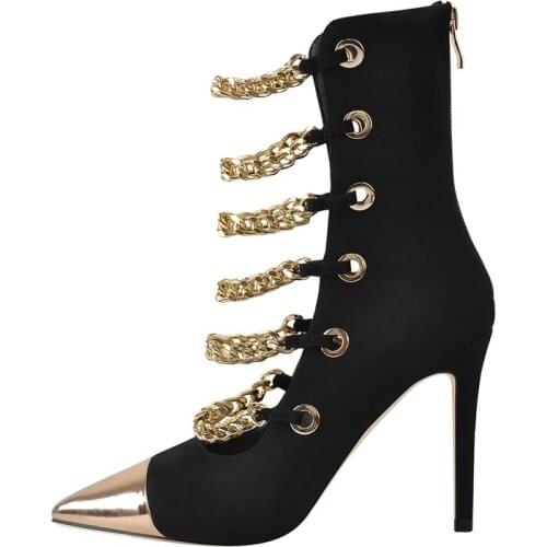 Richealnana 2021 New Style Womens High Heels Golden Chain Spring Pointed Toe Ankle Sandal Boots Cut Out Zipper Fashion