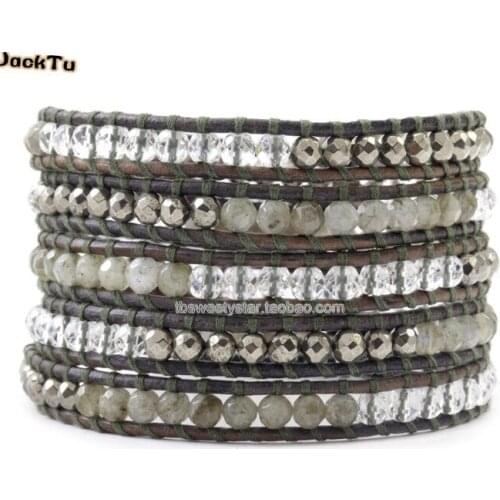 Free shipping hottest labradorite crystal leather wrap bracelet for woman