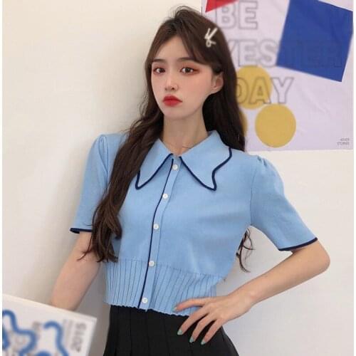 Butterfly Collar Knitted Short Sleeve Cropped Slim Cardigans Lady New Single-breasted Solid Tops Fashion Cute T-Shirt