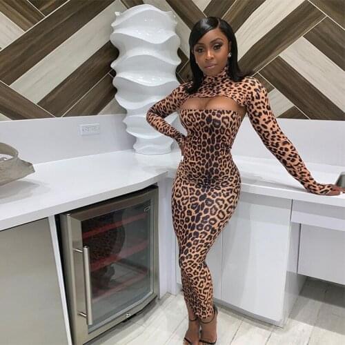 Leopard Print Bodycon Party Dress Women Spring Long Sleeve Crop Top + Strapless Sexy Dress Slim Skinny Long Maxi Dress Clubwear