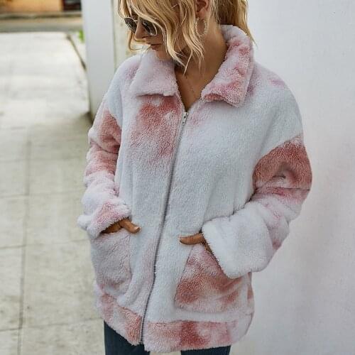 Women Winter Long Sleeve Tie-Dye Print Coat Thick Fluffy Plush Lapel Loose Cardigan Full Zip Up Warm Tunic Outwear Jacket with P