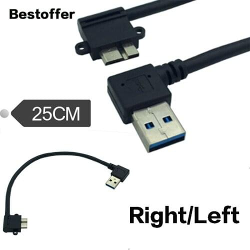 25CM USB 3.0 A 90 Degree Right/Up/Down Angle Male to Micro B Male Left Elbow Short Cable With Screw Lock Panel