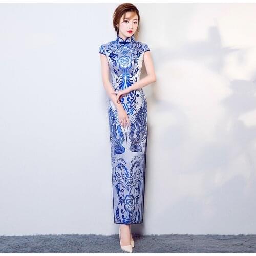 Blue White Porcelain Satin Cheongsam Chinese Traditional Wedding Qipao Long Cheongsam Dress Women Sexy Evening Gown Vestido