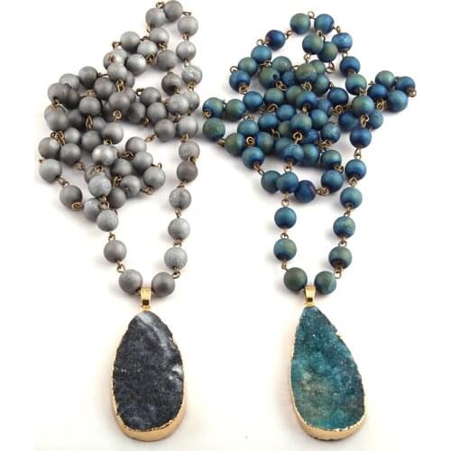Free Shipping Rosary Chain Natural Druzy Bead & Druzy Drop Pendant Necklaces