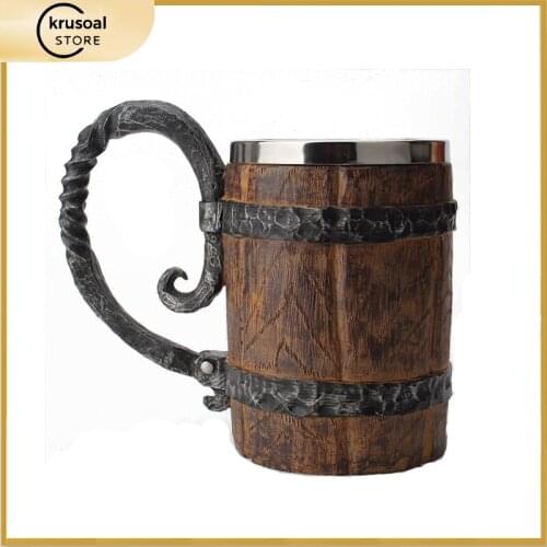650ml Wooden Beer Mugs Large Stainless Steel Coffee Cup Bar Retro Wine Glasses Original Viking Drinking Mug Home Decor Best Gift