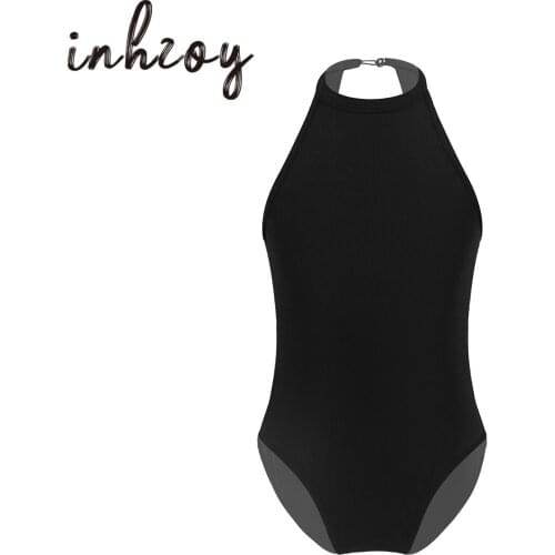 Kids Girls Ballet Leotard Pure Color Halter Neck Sleeveless Dance Gymnastics Leotard Jumpsuit Children Performance Dancewear