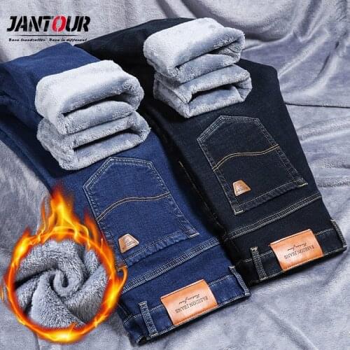 Jantour winter Warm Fleece Mens Jeans thick Stretch Denim Jean Straight Brand high quality Cotton Pants men Large size 35 40