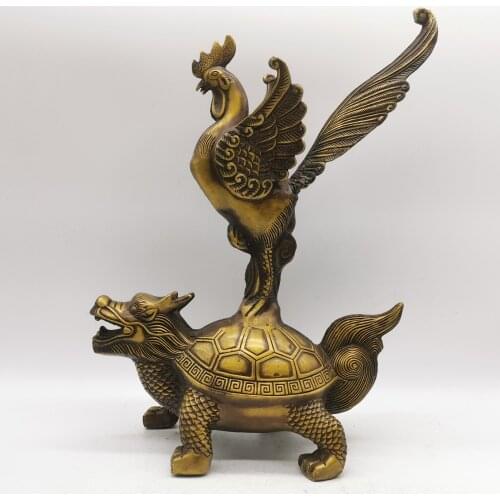 Kaiguang pure copper Golden Rooster stepping on Dragon turtle ornaments, exorcise evil spirits Fengshui decorative arts and