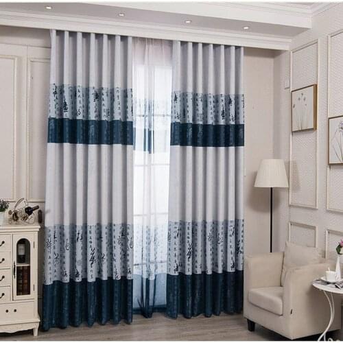Chinese Ink Printing Blackout Characters/Architecture Curtains for Living RoomBedroom Hand Drawing Curtain Fabric