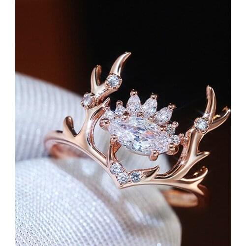 Rings For Woman Fashion Glittering And Translucent Zircon Embellished Lovely Rose Gold Elk Antlers Zircon Wedding Ring