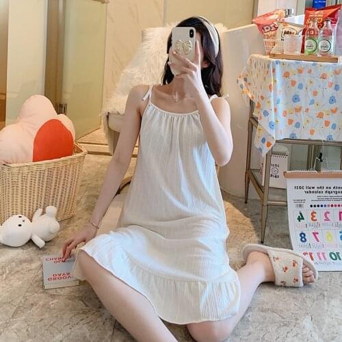 Korean Version Sling Nightdress Womens Simple Fresh Comfortable Long Skirt Loose Fashion Sexy Nightgown Cool Nightwear Summer