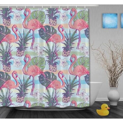 Lovely Animals Shower Curtain Pink Flamingos With Pineapple Striped Shower Curtains Waterproof Fabric Custom Bathroom Curtain