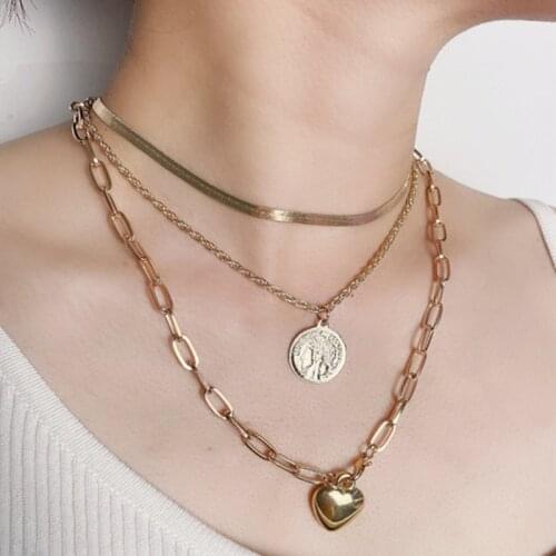 New Hot Sale Multi Layers Coins Pendant Metal Chain Necklace Women Gothic Heart Pendant Collar Punk Party Jewelry
