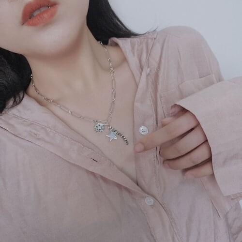 New 925 Sterling Silver Trendy Lucky Star Smile Face Ladies Pendant Necklace Jewelry Women New Year Gift Drop Shipping Chain