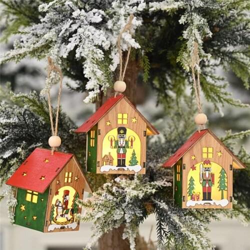 Christmas Party Home Decorations LED Light Wooden House Nutcracker Soldier Christmas Tree Hang Pendant Kids Toy New Year 2021