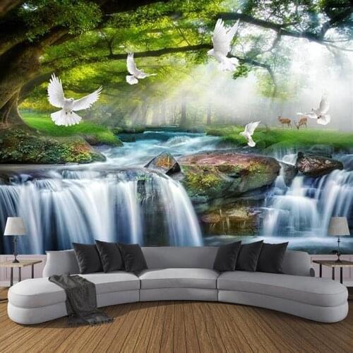 Custom 3D Photo Wallpaper Green Big Tree Forest Waterfall Wall Murals Bedroom Living Room Sofa TV Background Large Wall Painting