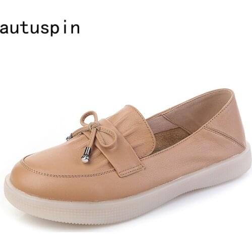 Autuspin Simple Womens Flat Shoes Genuine Leather Round Toe Loafers for Woman Daily Office Working Casual Shoe Cowhide Footwear
