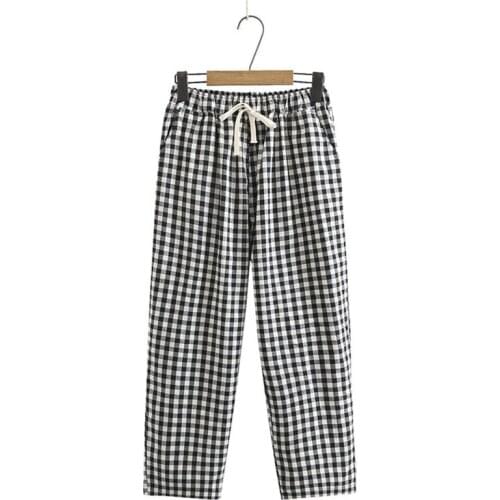 Plus Size XL-4XL Womens Straight Plaid Pants Casual Elastic Waist Simple Spring Summer Ankle Trousers