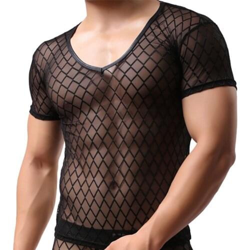 Mesh Undershirts Men Shorts Sleeve Fishnet See Through T-shirts Sheer Slip Homme Fitness Shirts Breathable Underwear Sleepwear