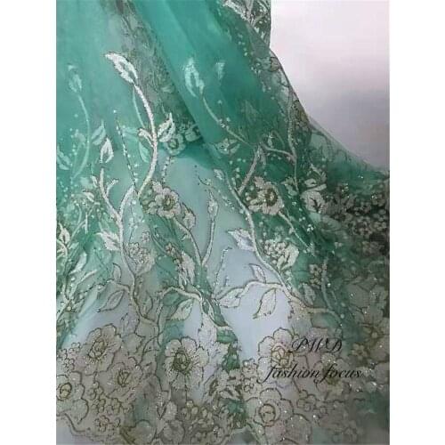 Light green white flower sequins glued glitter French net fabric Embroidered lace fabric with sequins for wedding dress