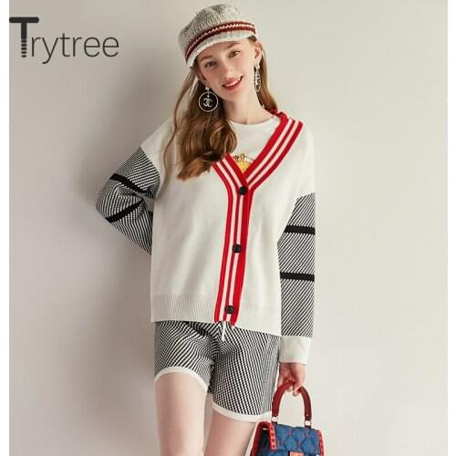 Trytree Autumn Winter Women Two Piece Set Casual V-neck Single Breasted Patchwork Tops + Pants Plaid Office Lady 2 Piece Set