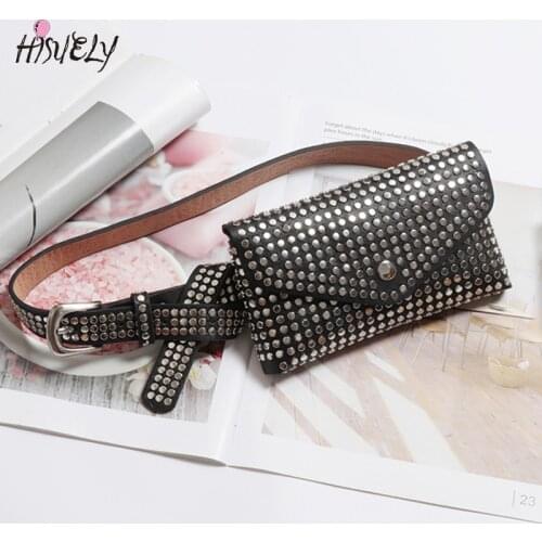 HISUELY 2021 Rivet Women Waist Bags Personality Punk Ladies Leather Belt Bags Organizer Fashion Fanny Pack Hip Hop Bag Waist Pac