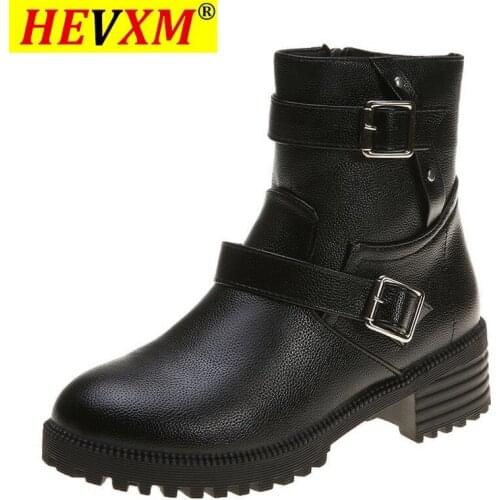 Ladies winter boots Lady Zippers shoes Buckle round toe Square heel Martin boots Low heels Shearing botas zapatos mujer Black