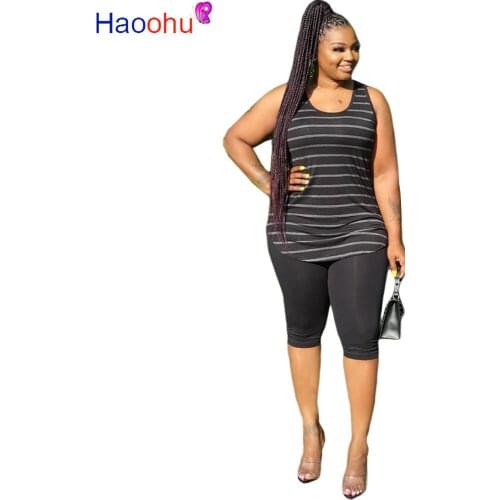 HAOOHU Women Plus Size XL-5XL Sport two piece set Tracksuit Striped Tank Tops Knee Length jogger Suit Sweatpants Matching Set