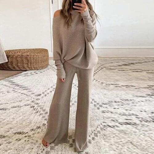 New Fashion Tracksuit Women Knitted Long Sleeve O-neck Pullover Sweater + Wide Leg Pants Casual Loose Suit Female 2 Piece Set
