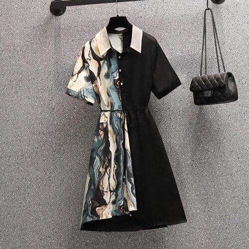 2021 Dress Women Chiffon Bow print High Waist Turn-down Collar Preppy Style Popular Temperament Girls Summer Party Dress Female