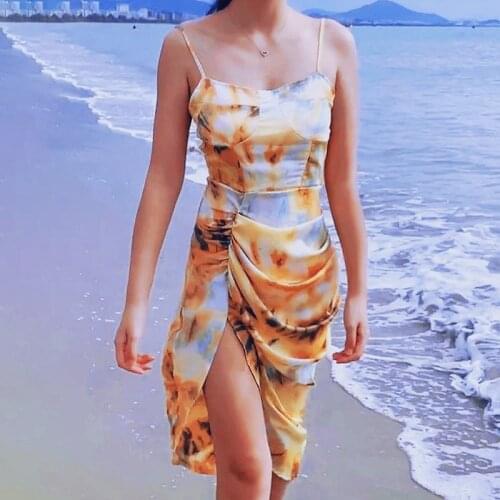 3XL 2021 Women Vintage Yellow Tie dye Flower print Spaghetti Strap Dress Hem Slim Waist Slit Irregular Long Sling Party Vestido