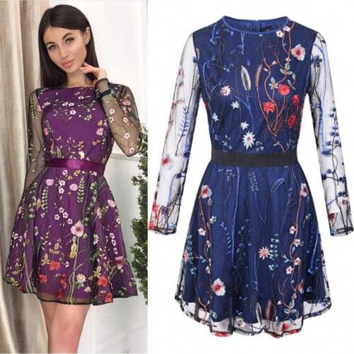 Boho Vintage Floral Embroidery Lace Mesh Dress Women Sheer Long Sleeve Mini Dress Sweet Pink Party Sundress