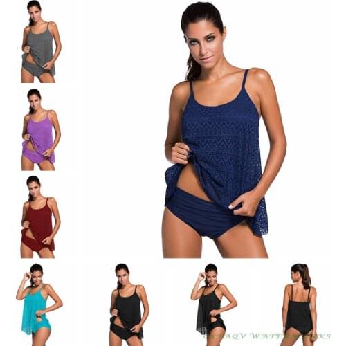 2019 High Quality Women Mid Waist Tankini Set Swimsuit Solid Top With Mesh Outer Brazilian Bathing Suit Two-pieces Lace Swimwear
