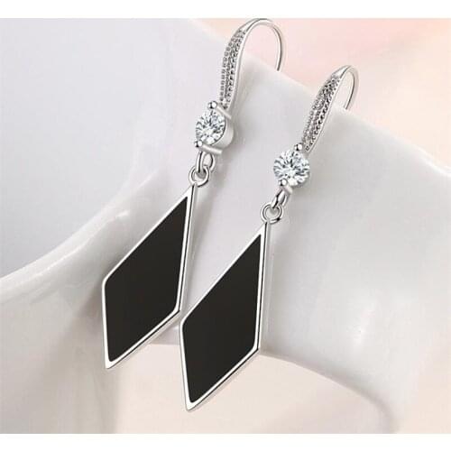 2021 Trendy Crystal Black Earrings For Women Accessories On Ear Fashion Lady Rhombus Drop Earring Long Hook Female Cool Gift