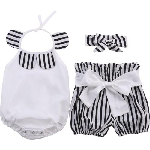 Kids Baby Girl Outfits Clothes Girls Halter Tops Romper+Striped Bow Bloomer Shorts+Headband 3pcs Outfits Set Clothing