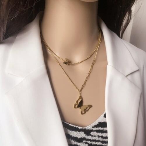 316L Stainless Steel New Fashion Upscale Jewelry 2 Layer Lifelike Butterfly Charms Beaded Choker Necklaces & Pendants For Women